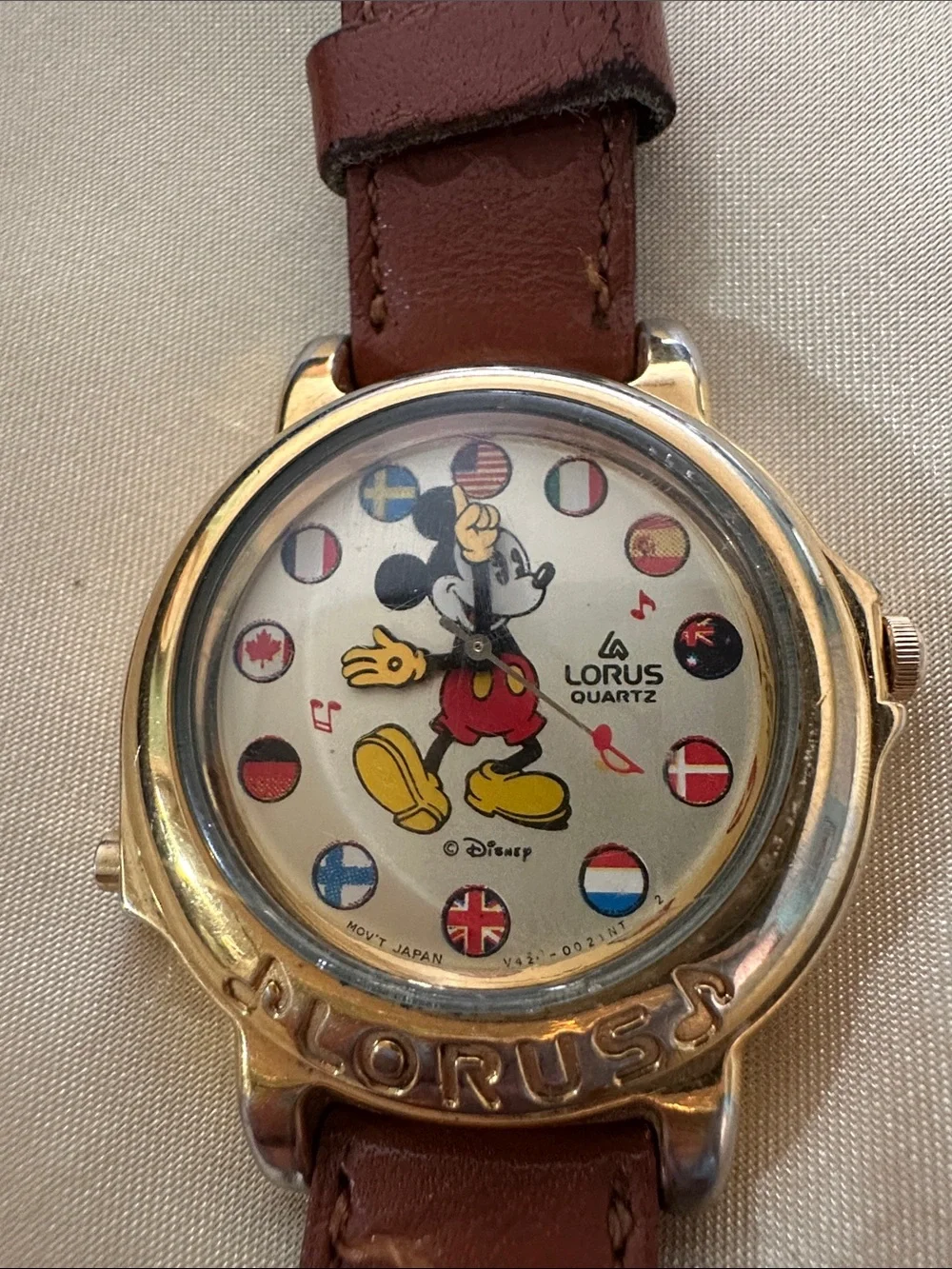 Disney Gold-Tone Mickey Mouse Watch with Brown Strap